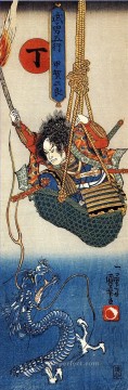 Utagawa Kuniyoshi Painting - koga saburo suspendiendo una canasta mirando un dragón Utagawa Kuniyoshi Ukiyo e